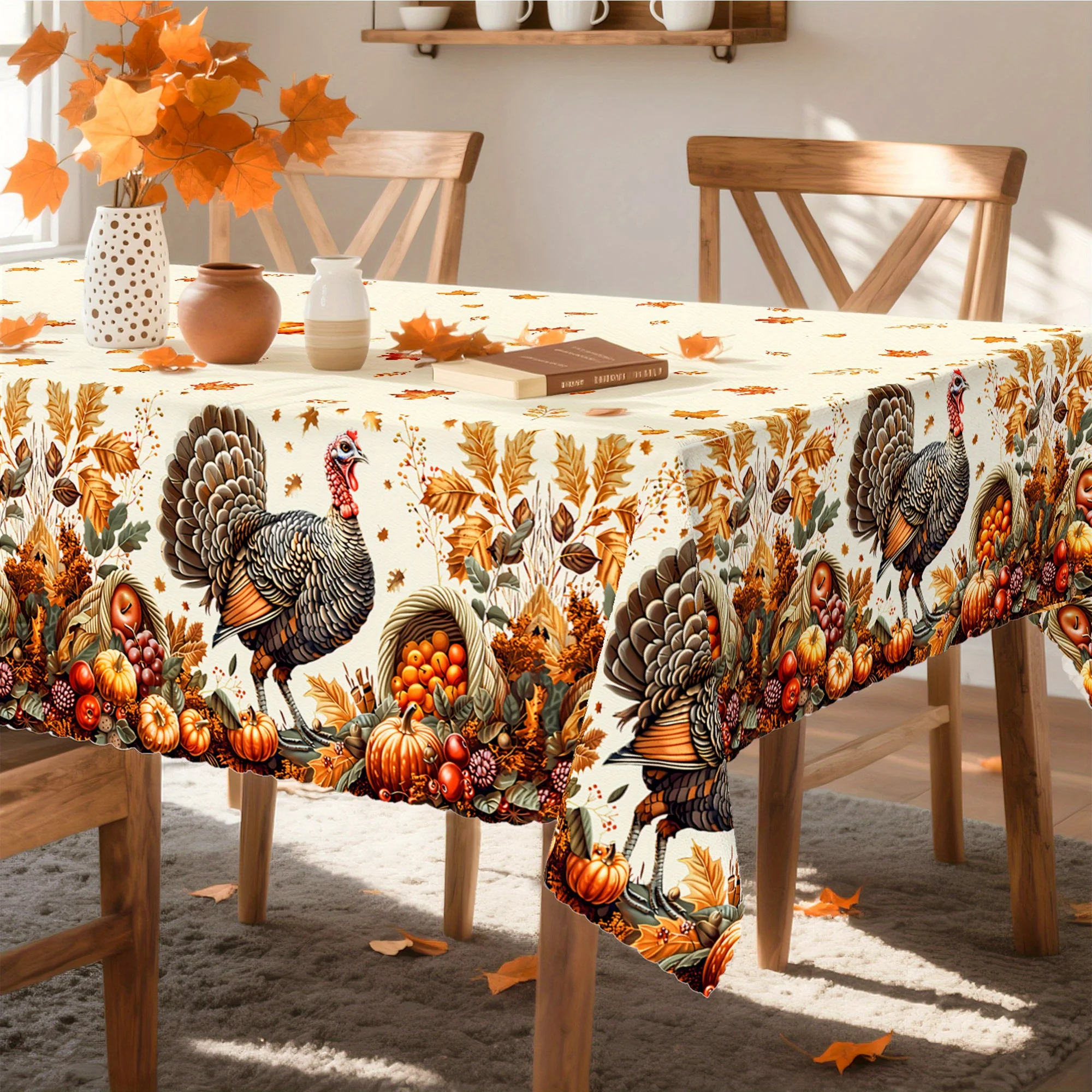 Happy Thanksgiving Tablecloth, featuring a design of turkey, maple leaves, pumpkin and abundant fruits.zyc