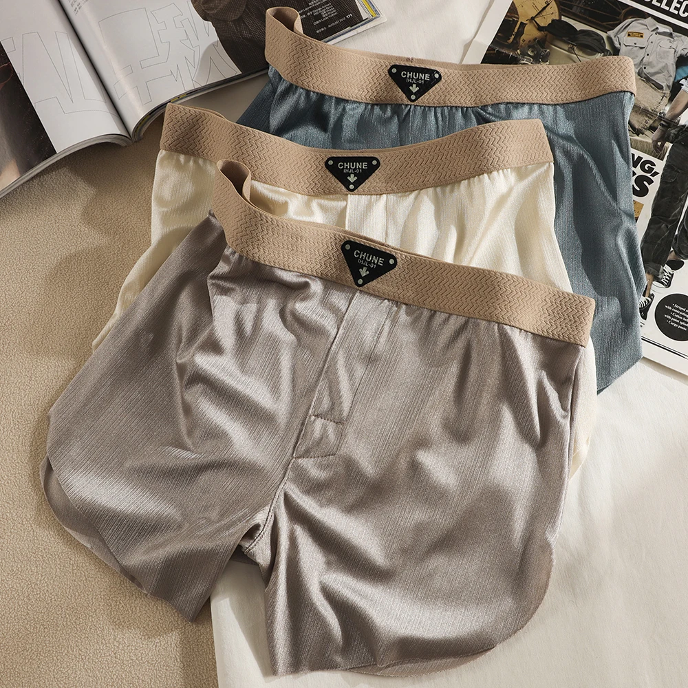 

Роскошные атласные мужские трусы из алоа с блестящим ледяным шелком, свободное бесшовное нижнее белье для мужчин, дышащие сетчатые шорты-боксеры с промежностью