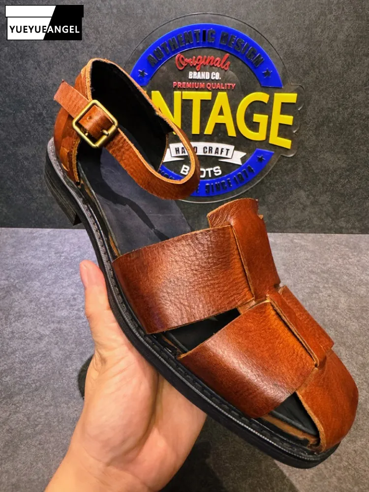 Handmade Mens Retro Classic Cowhide Genuine Leather Sandal Summer Causal Shoes Buckle Round Toe Hollow Out Gladiator Sandals