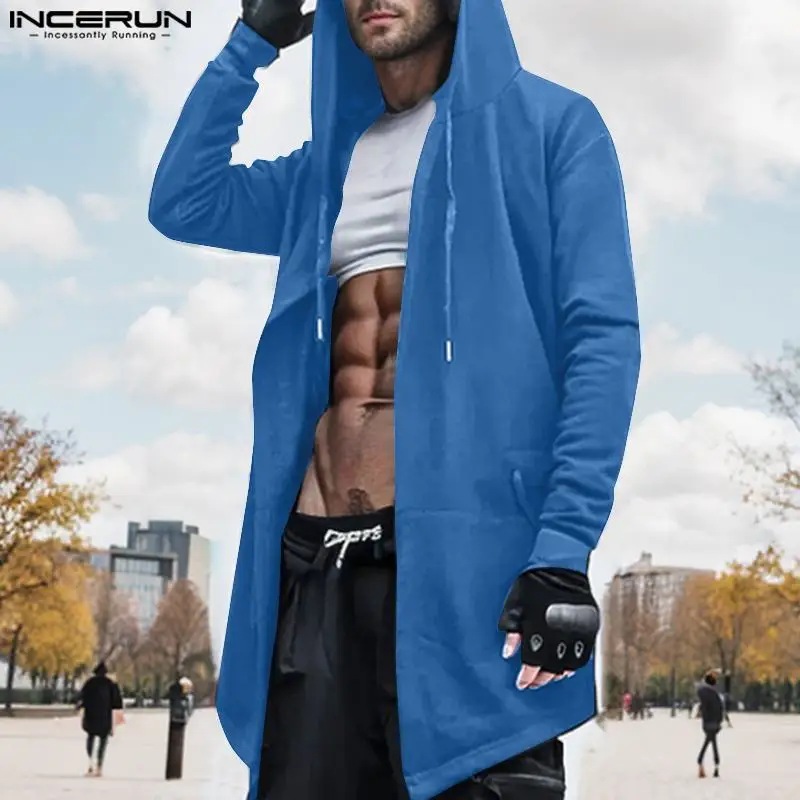 INCERUN Tops 2024 Korean Style Fashion Men Hooded Design Hoodies Casual Streetwear Solid All-match Mid Length Hoodie Coats S-5XL