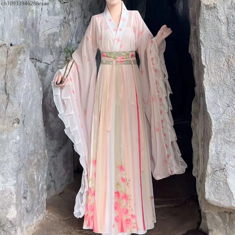 

Chinese Style WeiJin Dynasty Hanfu Dress Set Women Traditional Elegnat Floral Print Fairy Long Robe Cosplay Female Cosplay Suit