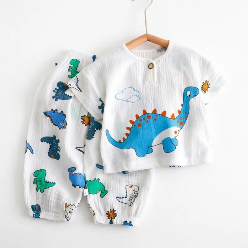 Boys girls Summer Set Baby Short Sleeve Outfit Clothes Soft Muslin Cotton Shirt Linen Suit Tops +Pants 2 PC 2-7 Years