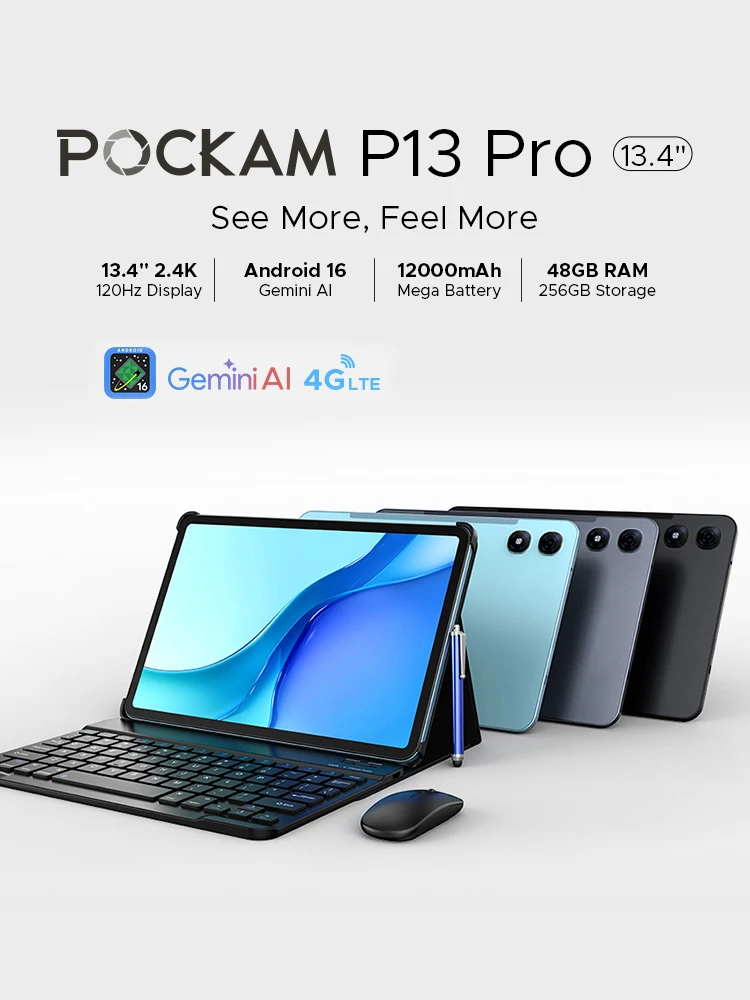 POCKAM P13 Pro 2-in-1 Tablet-PC Android 16 13.4 Zoll 2.4K Display 48GB RAM (12+36) 256GB ROM 12000mAh Akku Widevine L1 Gemini AI Type-C GPS Appareil photo 16 MP