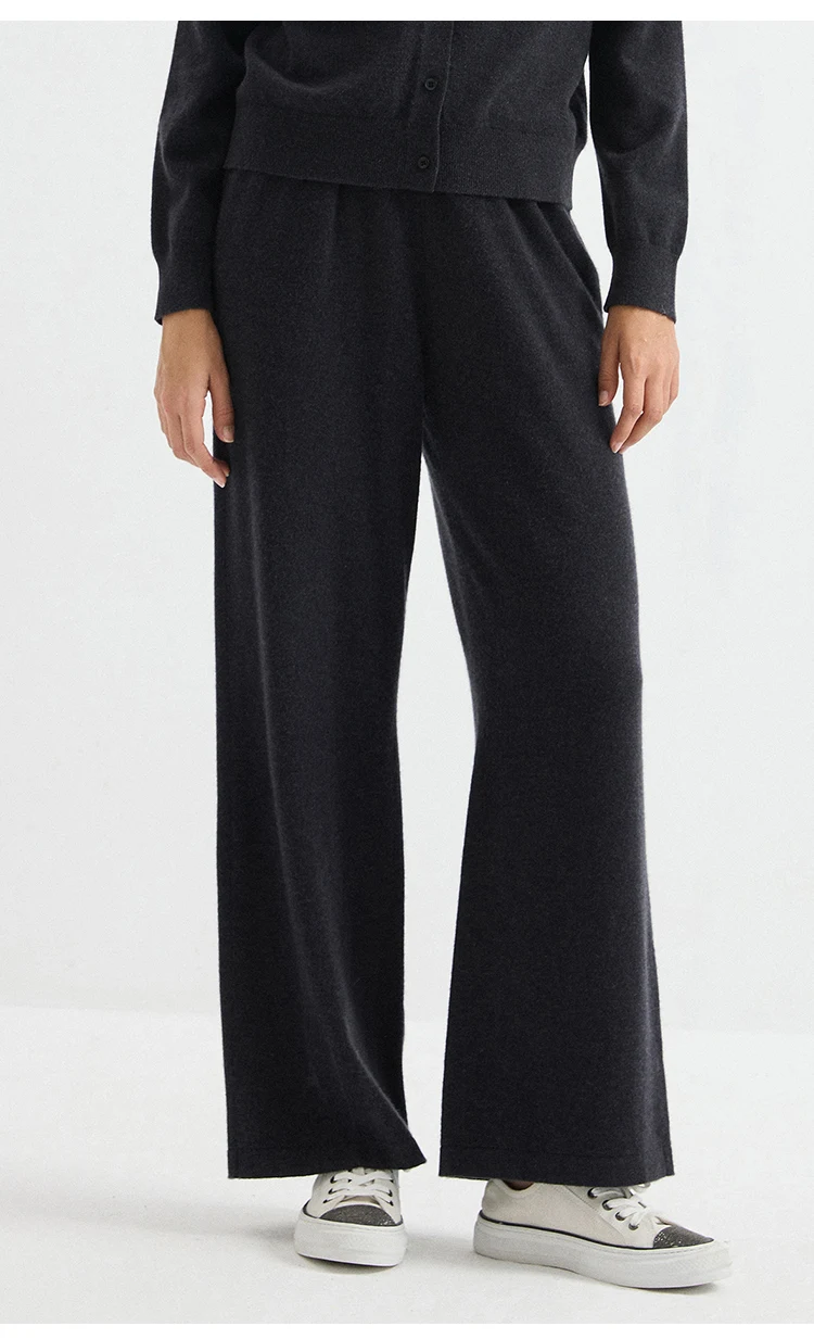 BD3621836 Damen 100% Kaschmir Strickhose mit Weitem Bein, Elastischem Bund, Gesäßtasche, Kettenabzeichen, Weiche Entspannte Passform für den Frühherbst – Detail 7