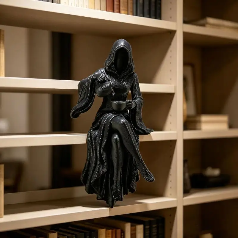 Female Grim Reaper Resin Statue Gothic Sitting Sculpture With Scythe Dark Aesthetic Decor For Home Office And Bookshelf