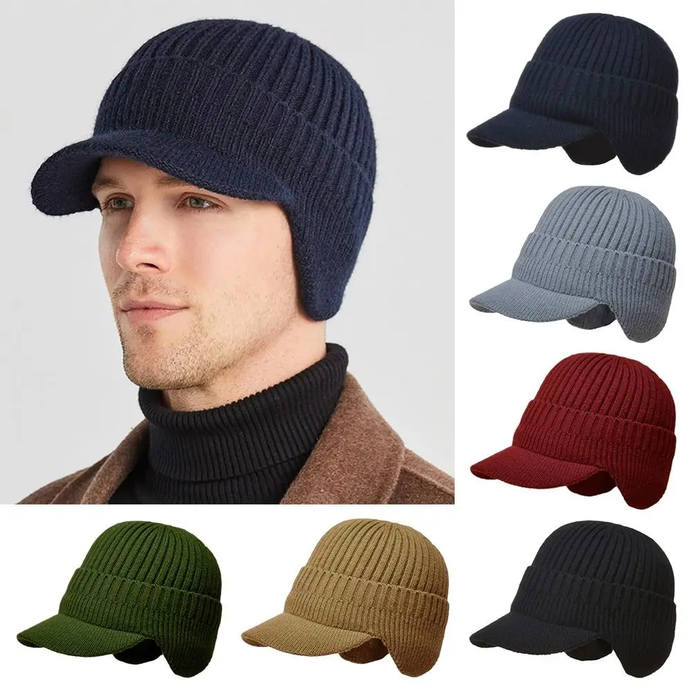 Mens Peaked Knit Hat Winter Warm Fleece Lined Cap Beanie Hat Ear Flaps Work Outdoor Plush Bomber Hats