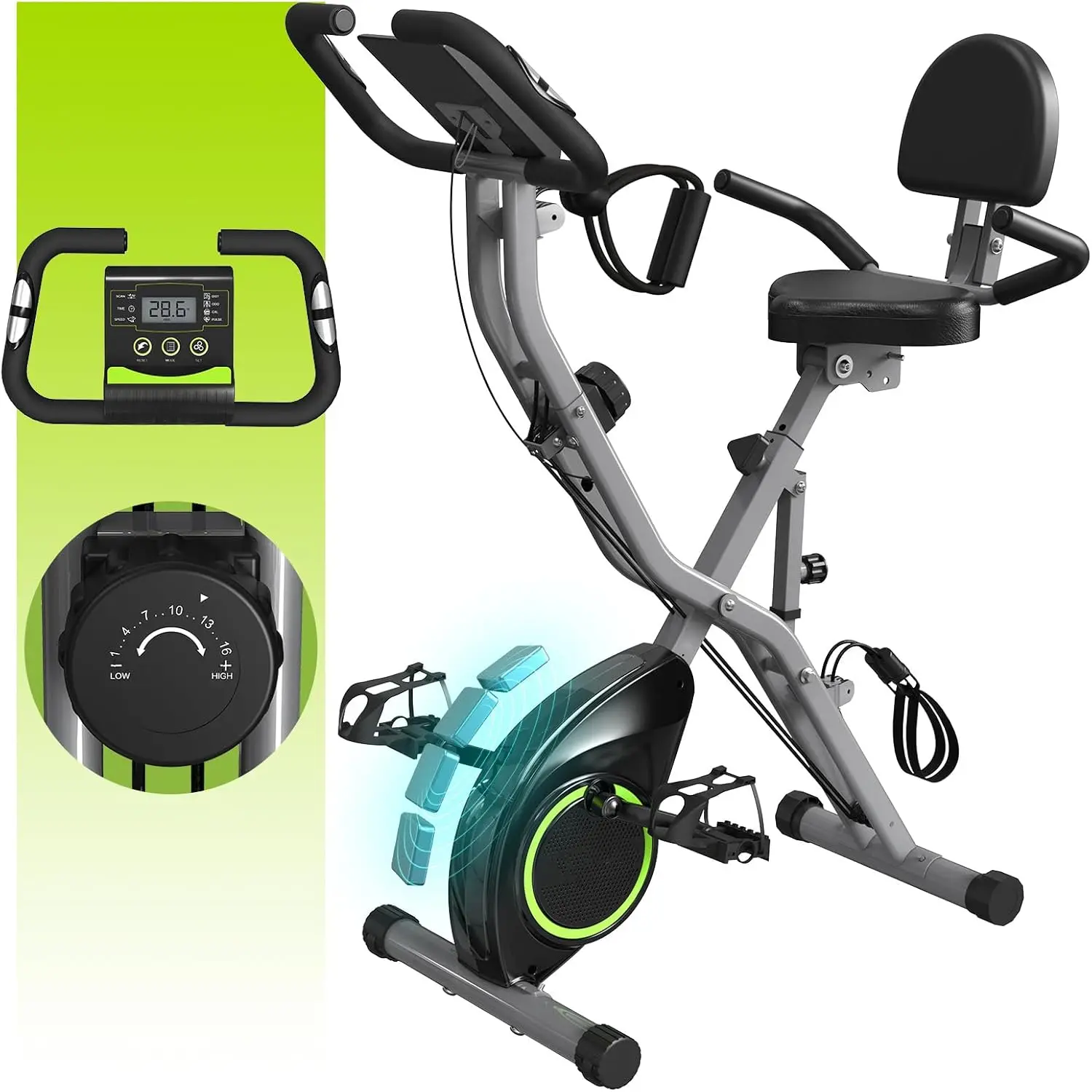 5 IN 1 Foldable Stationary Bike with 16-Level Magnetic Resistance and Tri-Position Ride