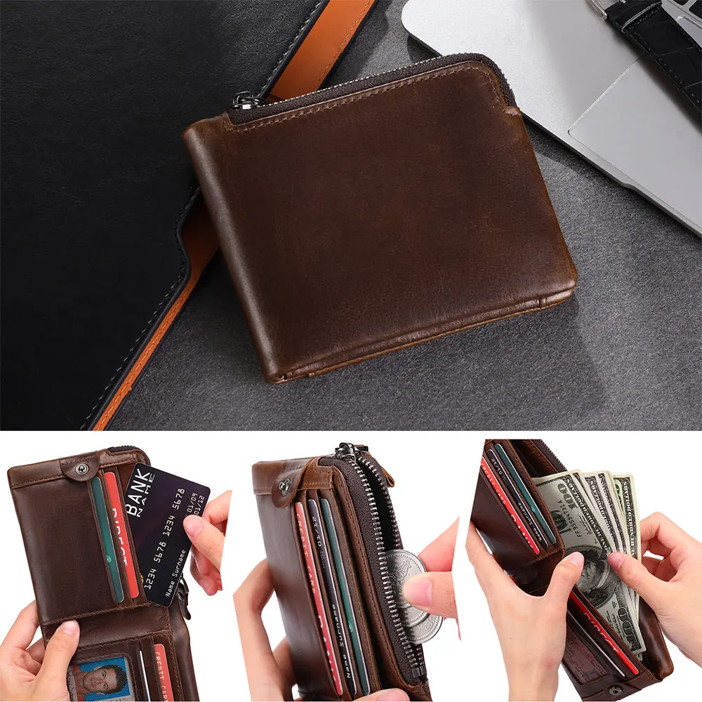 Men's Wallet RFID Anti-theft Brush Leather Short Wallet with Multiple Card Slots, Retro Zipper Wallet, 20% Discount Coin Purse