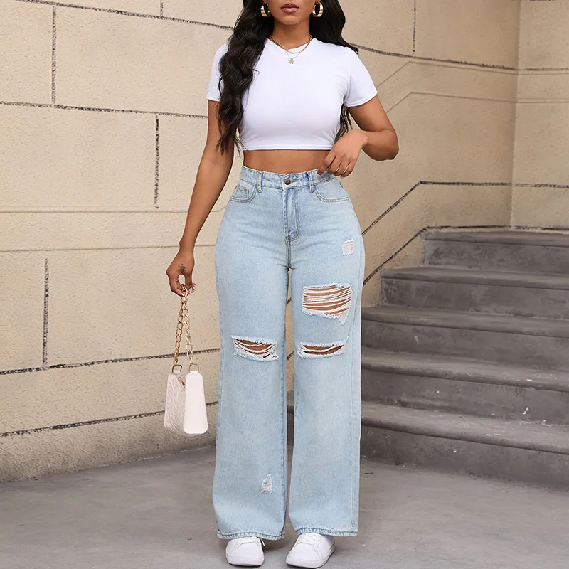 Damen Boyfriend Jeans mit Rissen, gerade geschnittene Stretch-Jeans im koreanischen Stil, Denim-Hose mit Löchern, Knopftaschen, hoher Bund
