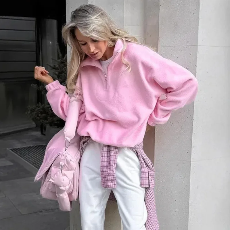 2025 Polar Fleece Sweatshirts Turn Down Collar Hoodies Solid Women Long Sleeve Sweatshirt High Street Pullover Loose Fit Sports