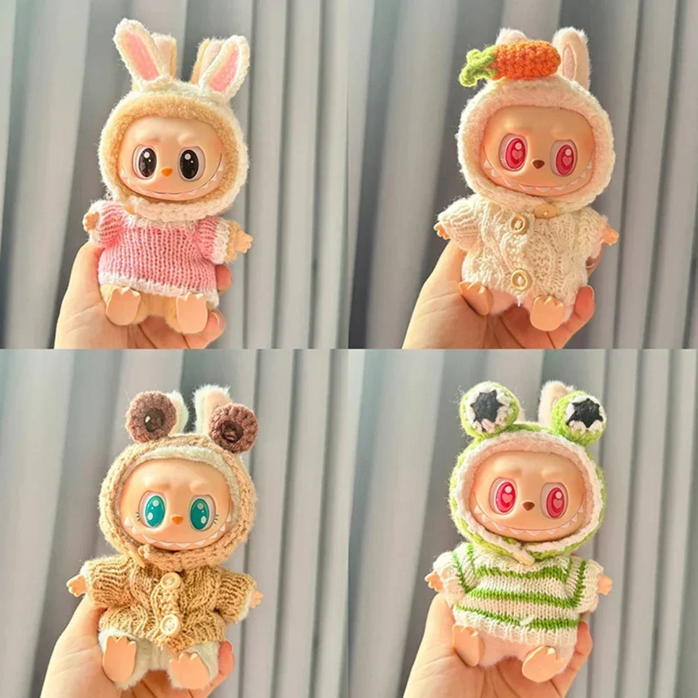 17 cm Mini Plüsch Puppe Kleidung Outfit Zubehör Für Labubu Idol handgemachte Gestrickte Kaninchen Ohr Frosch Stirnband Pullover Kleidung