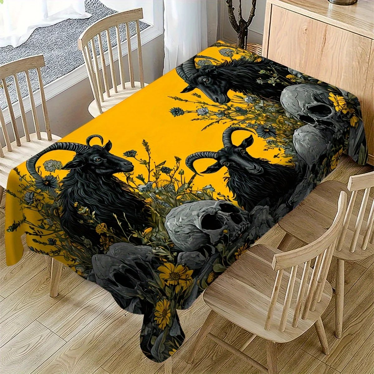One piece of Gothic-style black skull and crow tablecloth - a rectangular polyester table cover for Halloween horror theme.