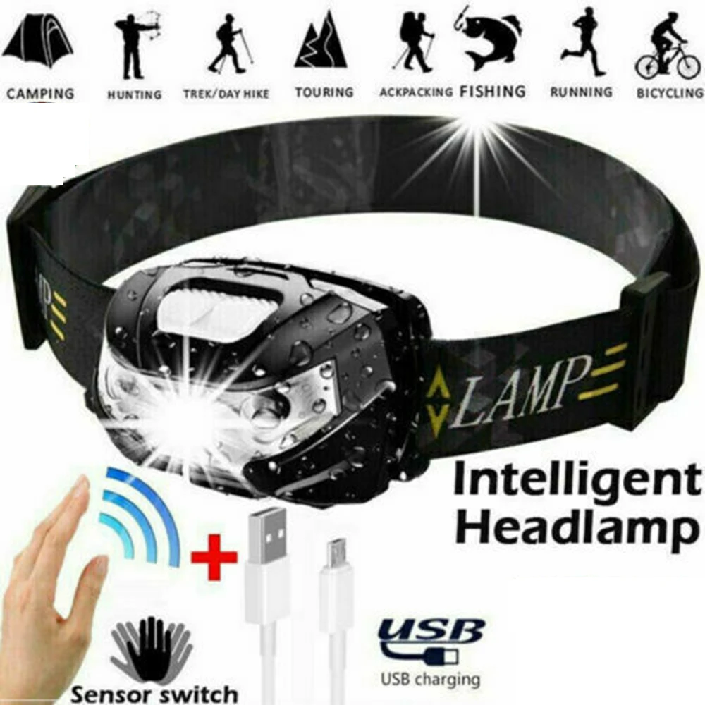 Waterproof Super Bright USB Lamp Intelligent Sensor Headlight Head Light Flashlight Torch Headlamp