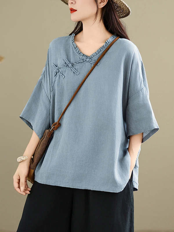 

Женские топы большого размера из хлопка и льна в стиле ретро с наклонными пуговицами, летние топы Five Sve