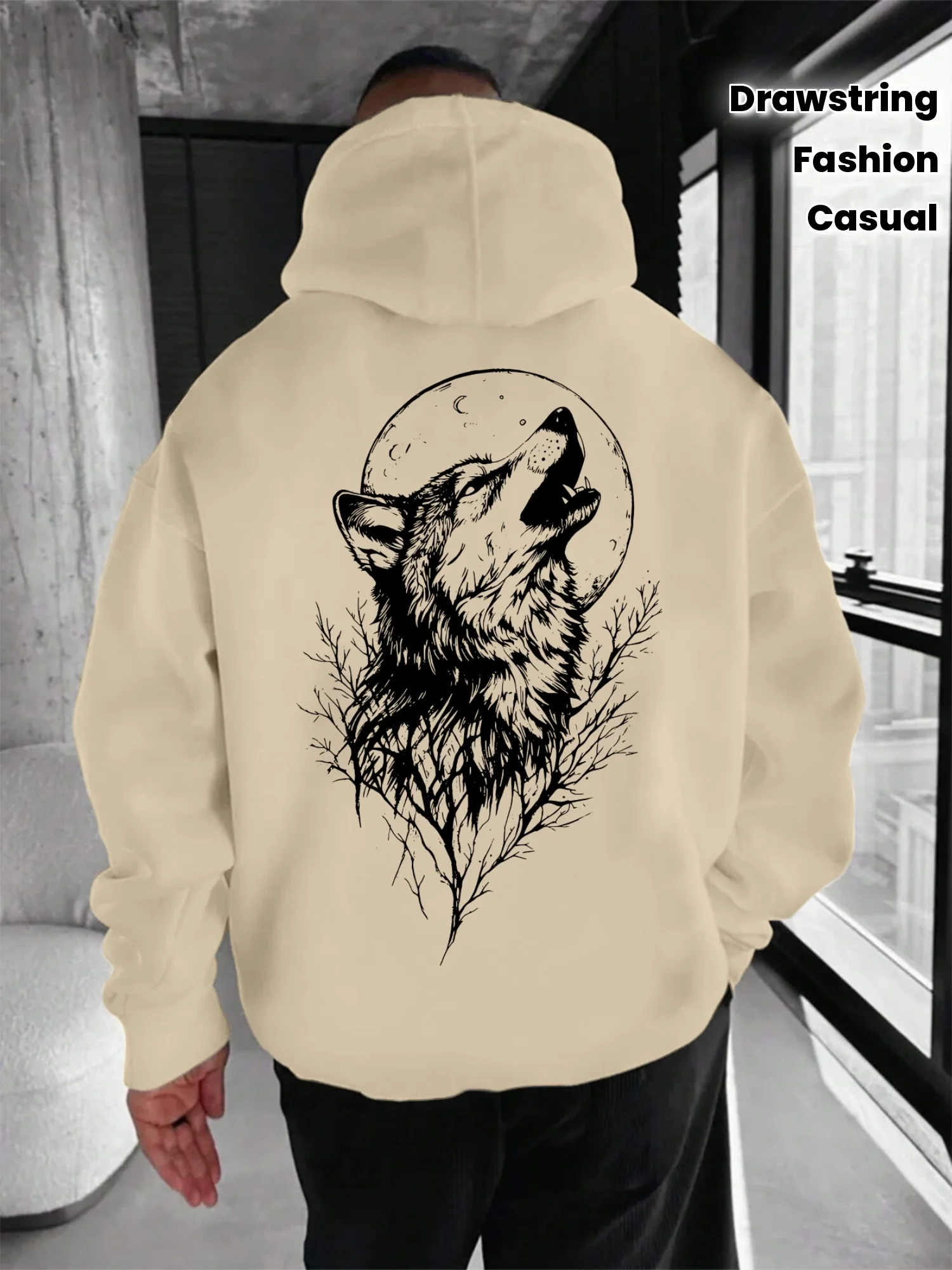 

Мужская толстовка с принтом, завязкой и карманом-кенгуру, черная с дизайном «Белый волк», всесезонный комфорт, повседневная комфортная одежда