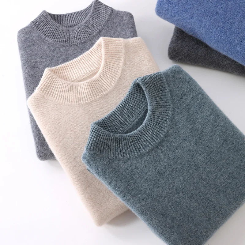 Autumn And Winter New 100% Wool Men's Semi-Turtle Sweater Neck Loose Pullover Knitted Bottoming Shirt Top