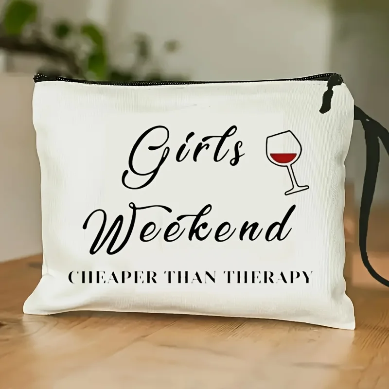 

Girls Weekend Wine Pattern Cosmetic Bag with band Printed Design - No Textured Makeup Bag Zipper Pouch Lightweight Makeu