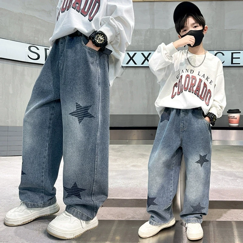 Boys Fashion Wide‑Leg Jeans Spring Autumn 5-14 Years Kids Star Print Loose Straight Pants Casual Streetwear Trousers