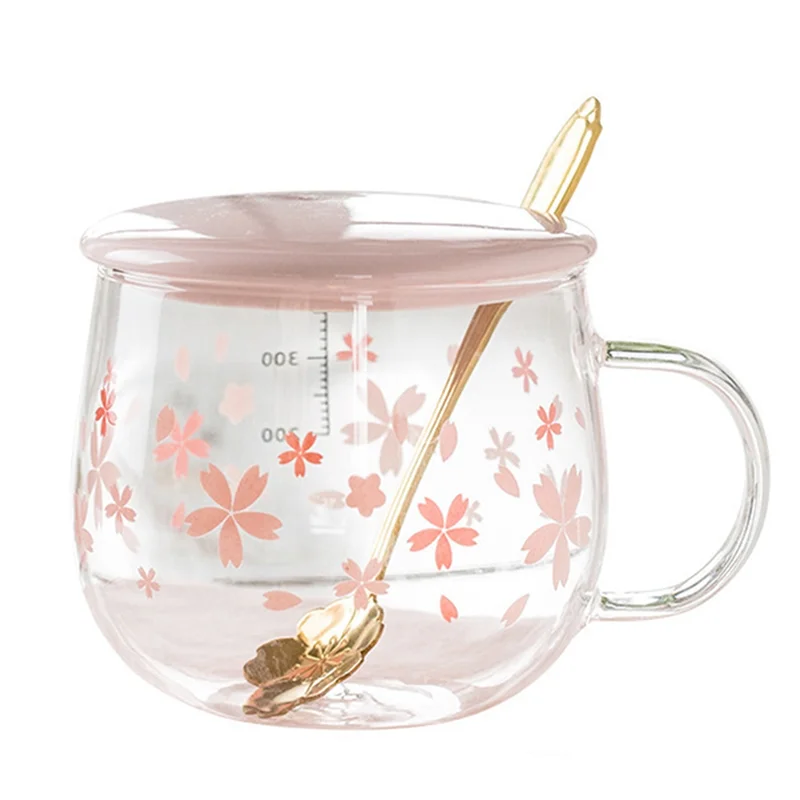 400Ml Creative Sakura Glass Coffee Mug Cute Transparent Cup Heat-Resistant Water Cup With Handle Lid Spoon ,D