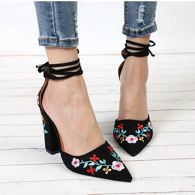 MVVJKE  Plus Size Embroidered High Heels Pumps Flower Ankle Strap Shoes Woman Two Pieces Sexy Party Wedding Pointed ToeE056