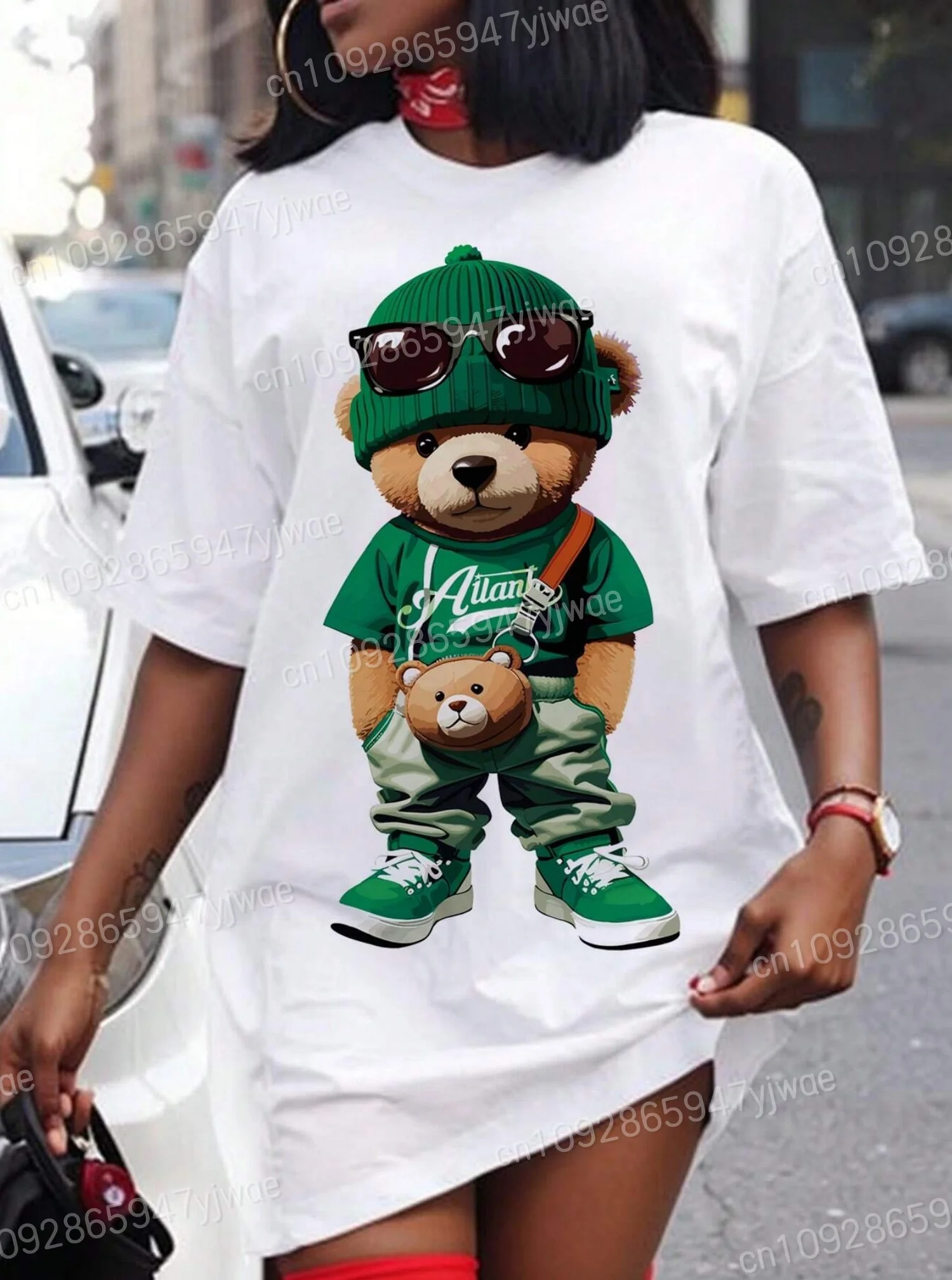 2023 sommer Neue Frauen T-Shirt Kleid Lose Beiläufige Cartoon Bär Oansatz Dame Kurzarm Pullover Kleider Frauen Kleidung