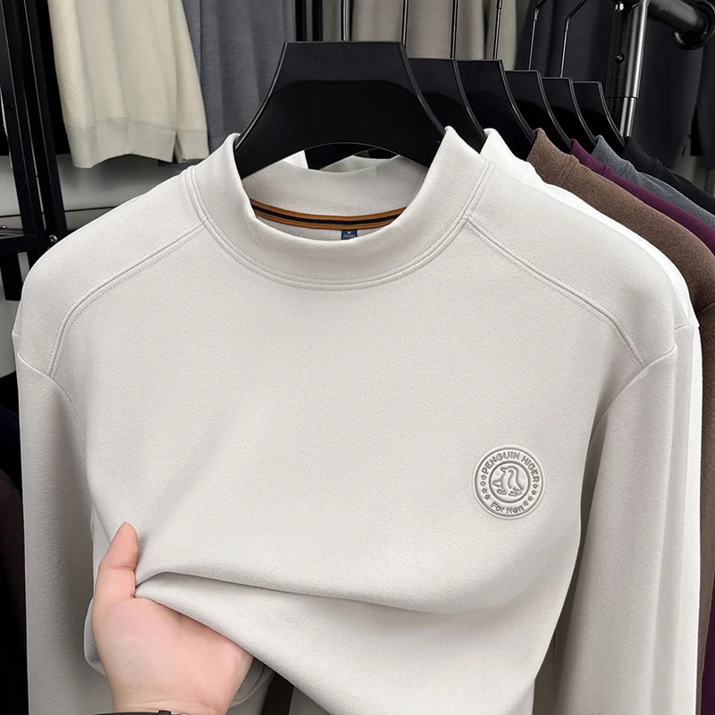 Sweater Lengan Panjang Semi High Neck Beludru Jerman untuk Pria, Kemeja Dasar Hangat Beludru Dua Sisi, Lapisan Dalam Berbulu