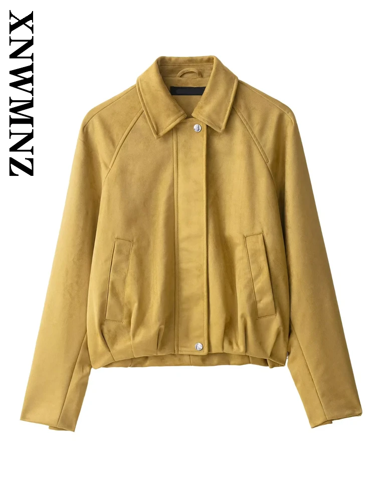 

XNWMNZ 2025 Autumn Woman's Casual Commuting Long Sleeve Turn-down Collar Suede Outerwear Fashion Simple Lady Yellow Chic Coat