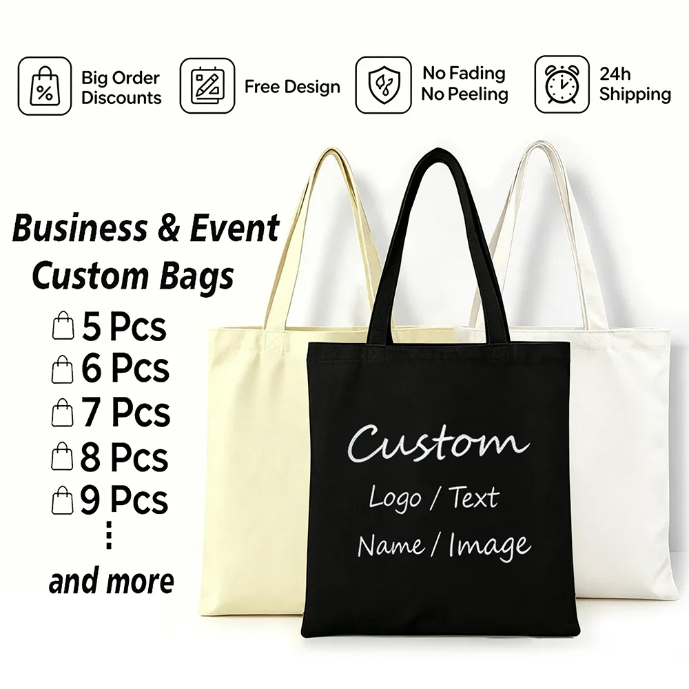 5-9Pcs Personalized Logo Canvas Tote Bags for Party School Students Mother's Birthday Gift Shopping Travel Handbag Organizer Bag