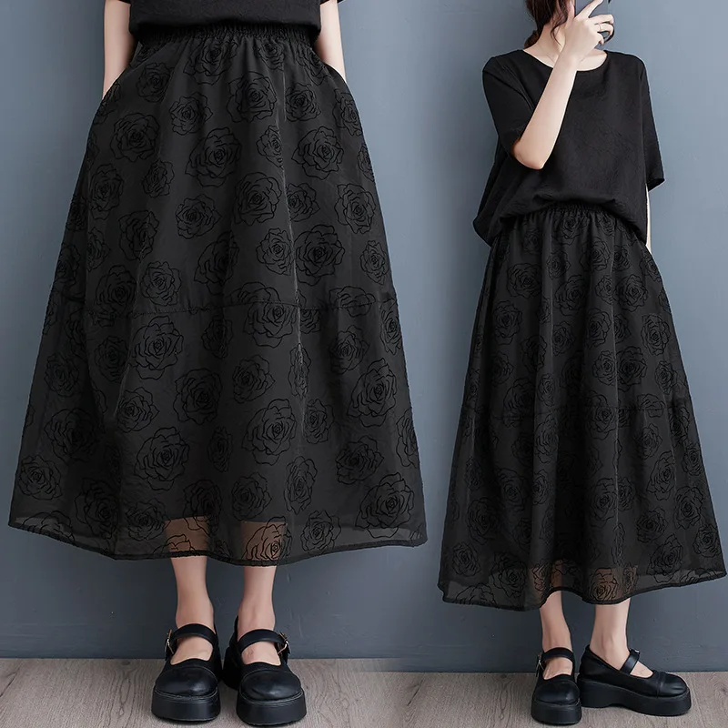 X2062 Summer Skirt For Women Organza Rose Flower Slim Lady Casual Skirts