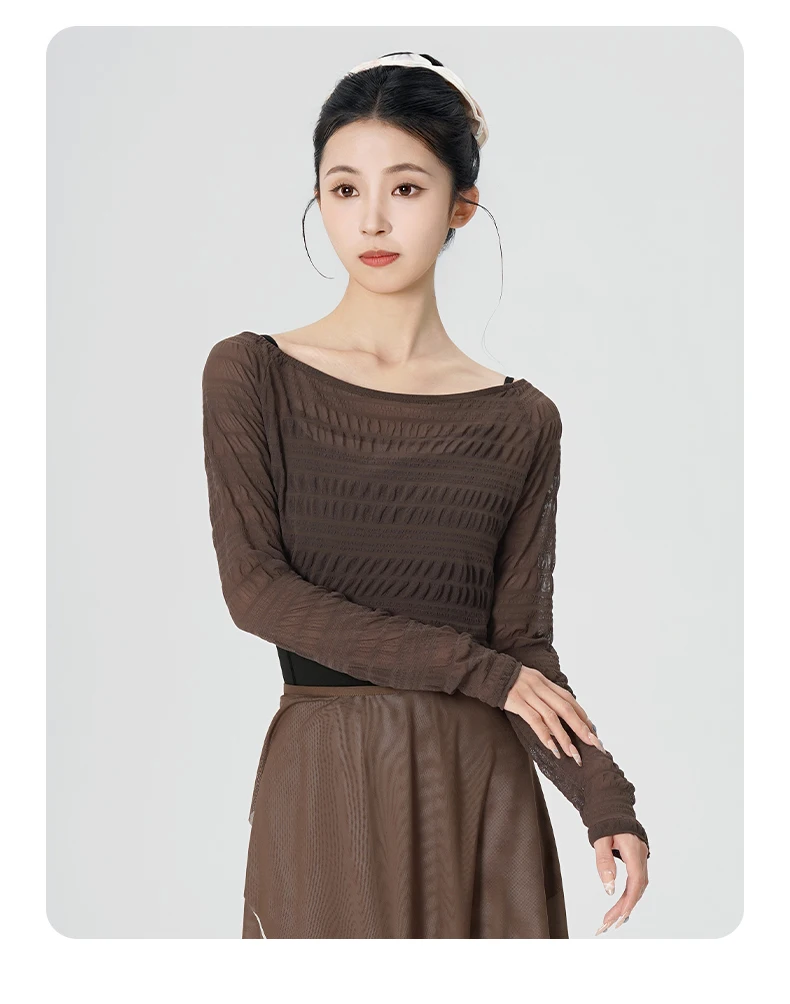 Tops de Danza para Mujer, Top de Malla Fruncido con Hombros Descubiertos y Manga Apilada, Pantalones de Ballet de Pierna