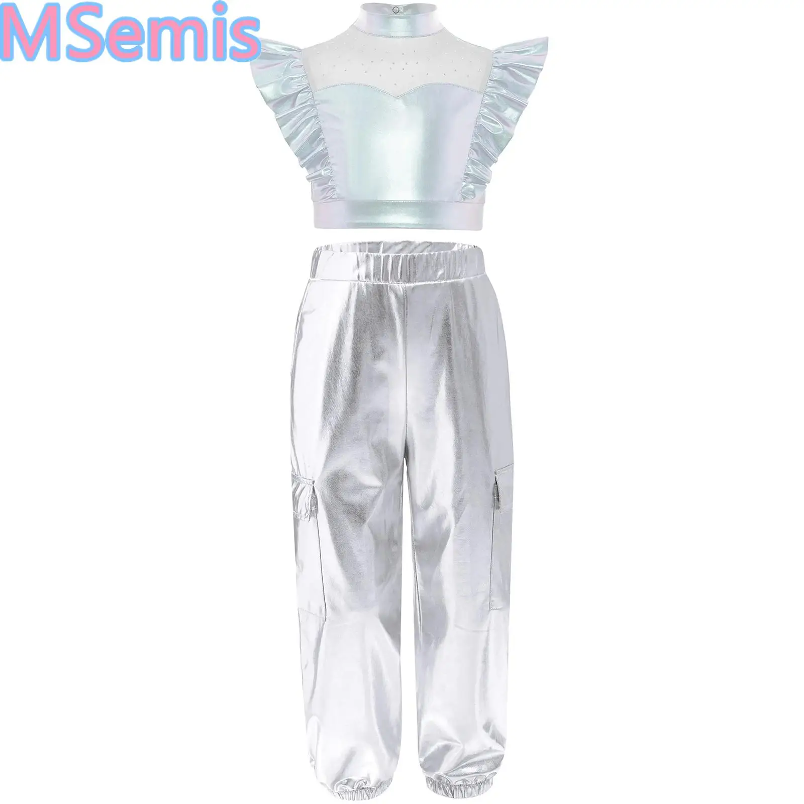 

Girls Hip-Hop Jazz Dance Performance Costume Mock Neck Rhinestone Mesh Sleeveles Metallic Shiny Ruffle Crop Top And Cargo Pants