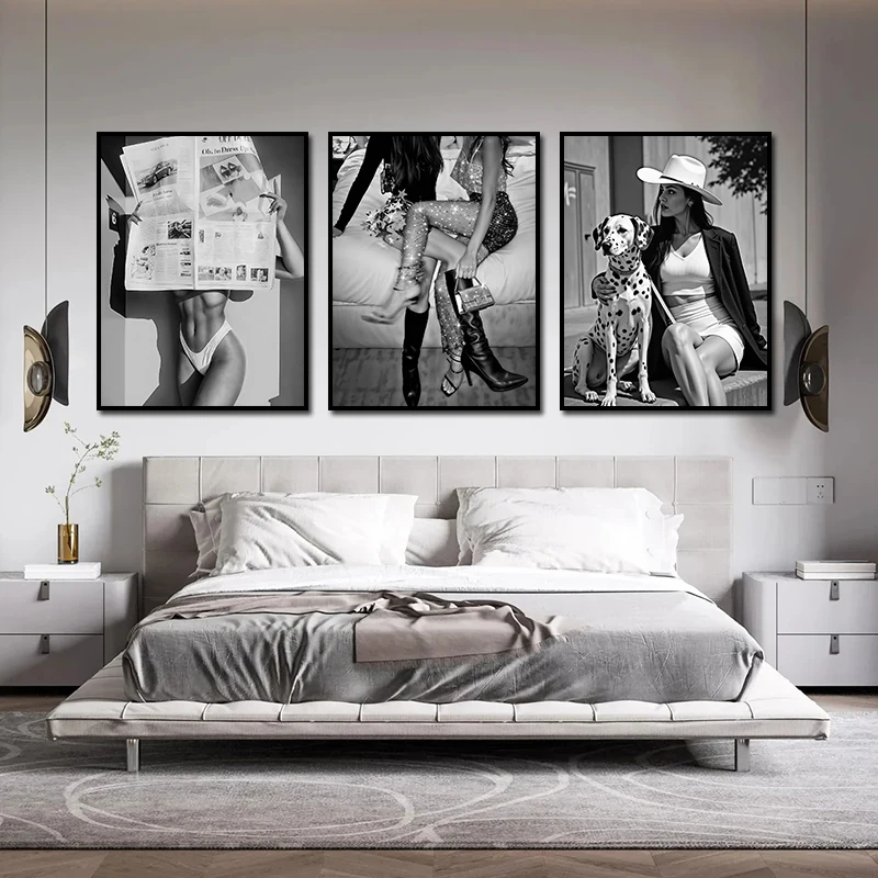 Modern Luxury Fashion Black White Art Heels Champagne Feminist Retro Poster Canvas Paintings Wall Art Pictures Home Decor