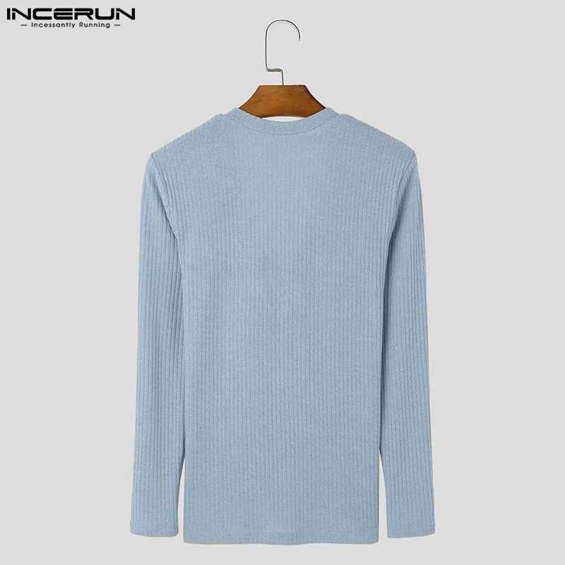 INCERUN Men\'s T Shirt V Neck Long Sleeve Knitted Solid Color Men Clothing Streetwear 2024 Fitness Fashion Casual Male Tee Tops