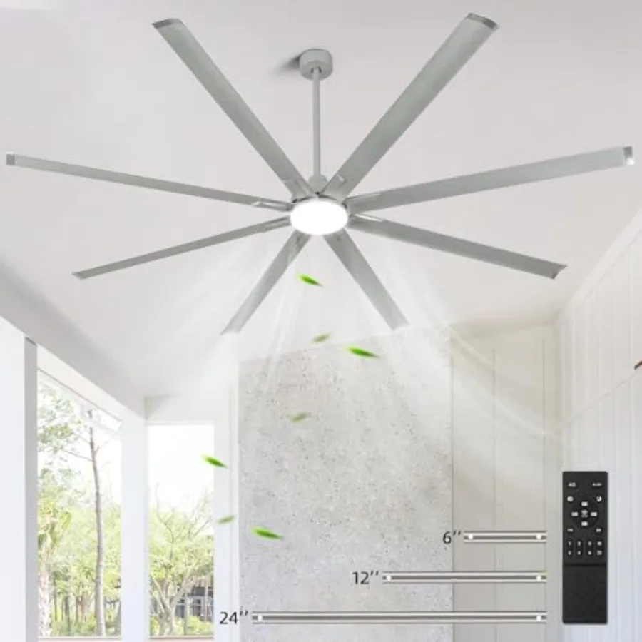 

96 Inch Large Ceiling Fan with Lights, Industrial Ceiling Fan, 8 Silver Aluminum Blades Indoor Outdoor, Reversible DC Motor, 6