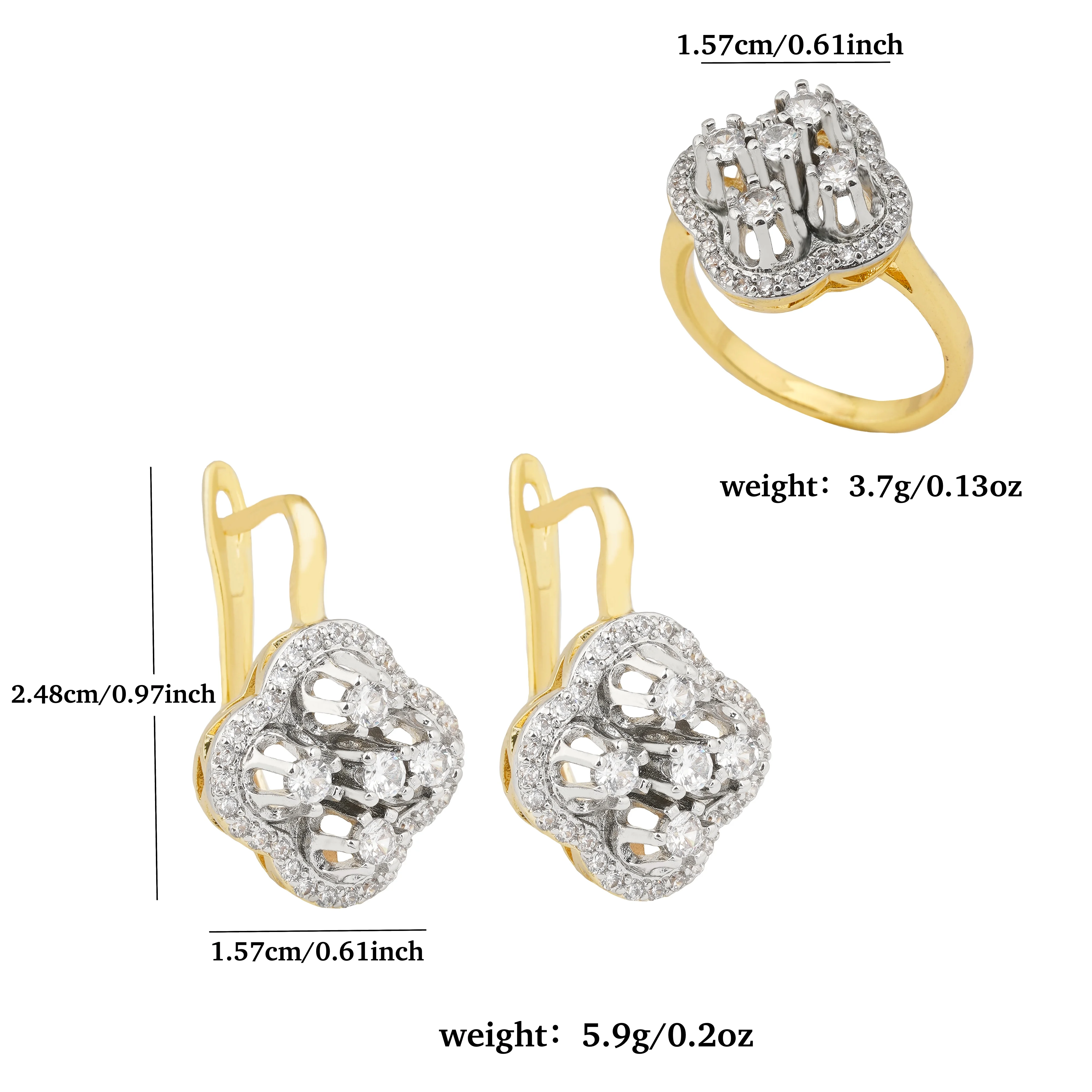 LUYIN Classic Style Four Leaf Clover Shape Brilliant Earrings Ring Set For Woman Copper Plated 14K Gold 2 Color Wedding Gifts