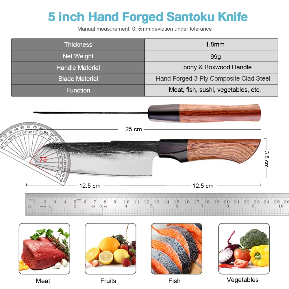 5 นิ้วญี่ปุ่น Santoku มีดเชฟ Handmade Triple-Layer เหล็กคอมโพสิต SHARP มีดทําอาหารครัวมือปลอมมีดยูทิลิตี้