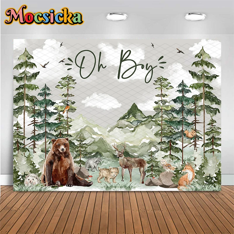 

Mocsicka Oh Boy Woodland Animals Photography Backdrop Watercolor Forest Bear Deer Fox Background Newborn Baby Shower Photo Booth