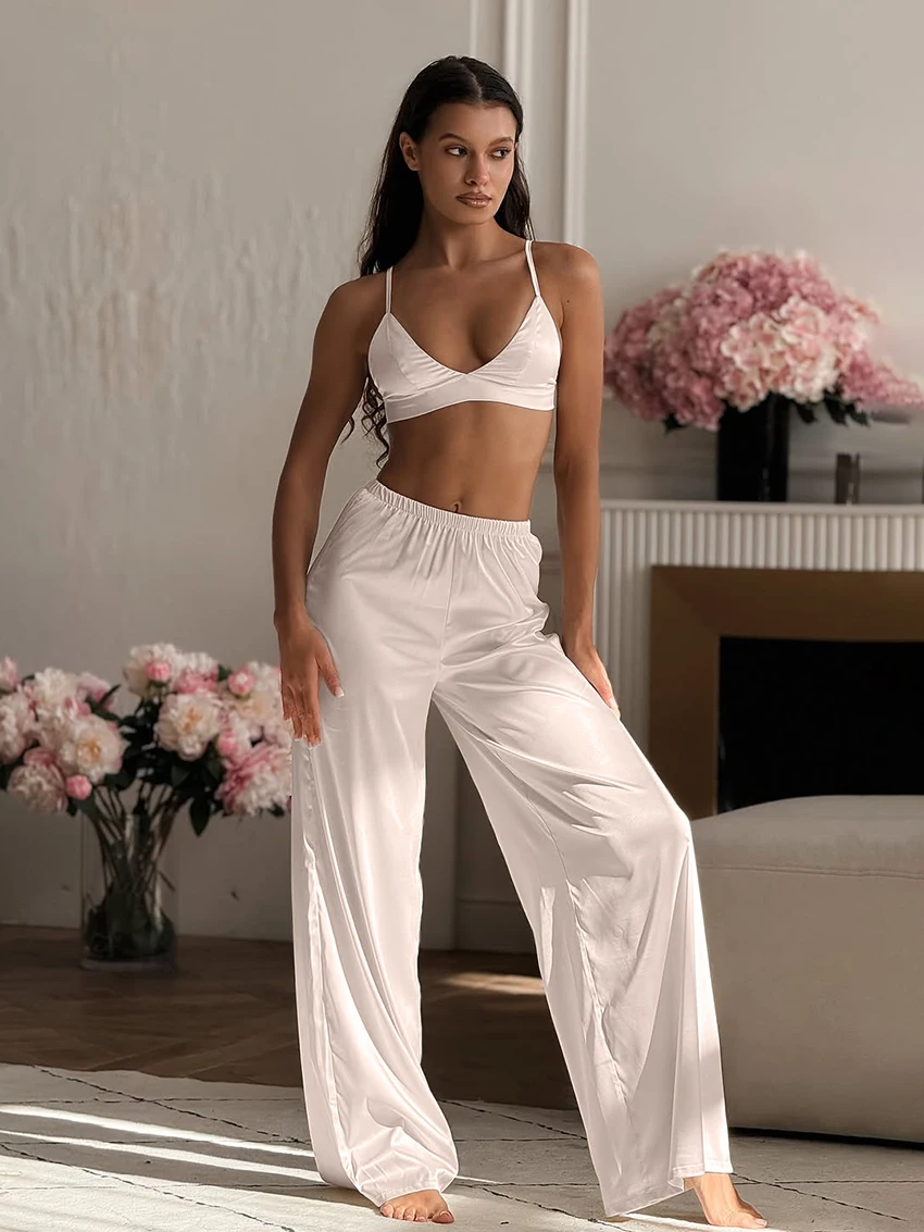 

Marthaqiqi Casual Female Nightgown Suit Sexy Crop Top Pajama Spaghetti Strap Nightie Tank Top Nightwear Pants Home Clothes Women