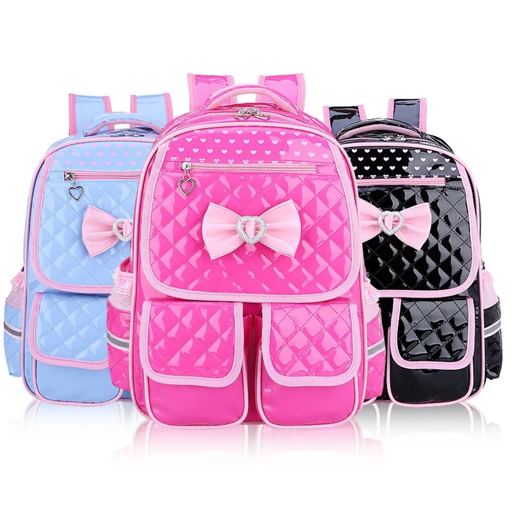 PU Waterproof Schoolbag Bow Girl 3-6 Grade Children Fashion Students Backpack Travel Shoulder Handbag School Bag 3D Pocket A Set