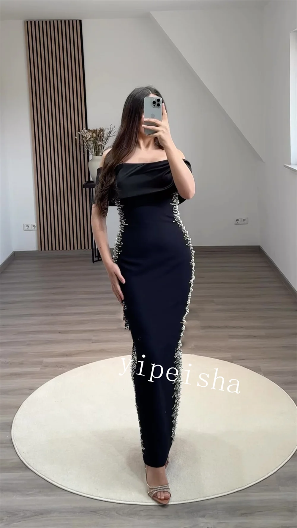 Jiayigong  Jersey Pearl Prom Sheath Off-the-shoulder Bespoke Occasion Gown Midi Dresses  Sexy Casual 