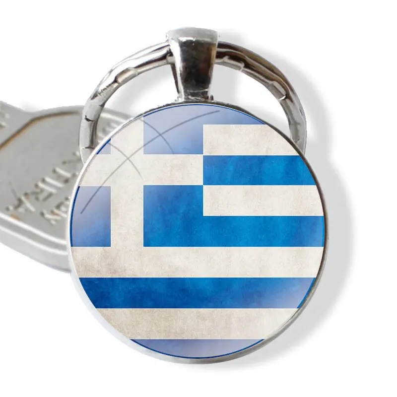 Glass Metal Pendant Key Chain Classic Men Women Key Ring Accessories Jewelry Gifts Greece Greek national flags