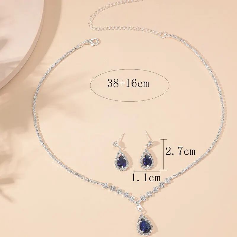 2 Pcs Set Blue Crystal Stone Denpent Necklace Bracelet With Dazzling Cubic Zircon Romantic Daily Wear Jewelry Girl Gift