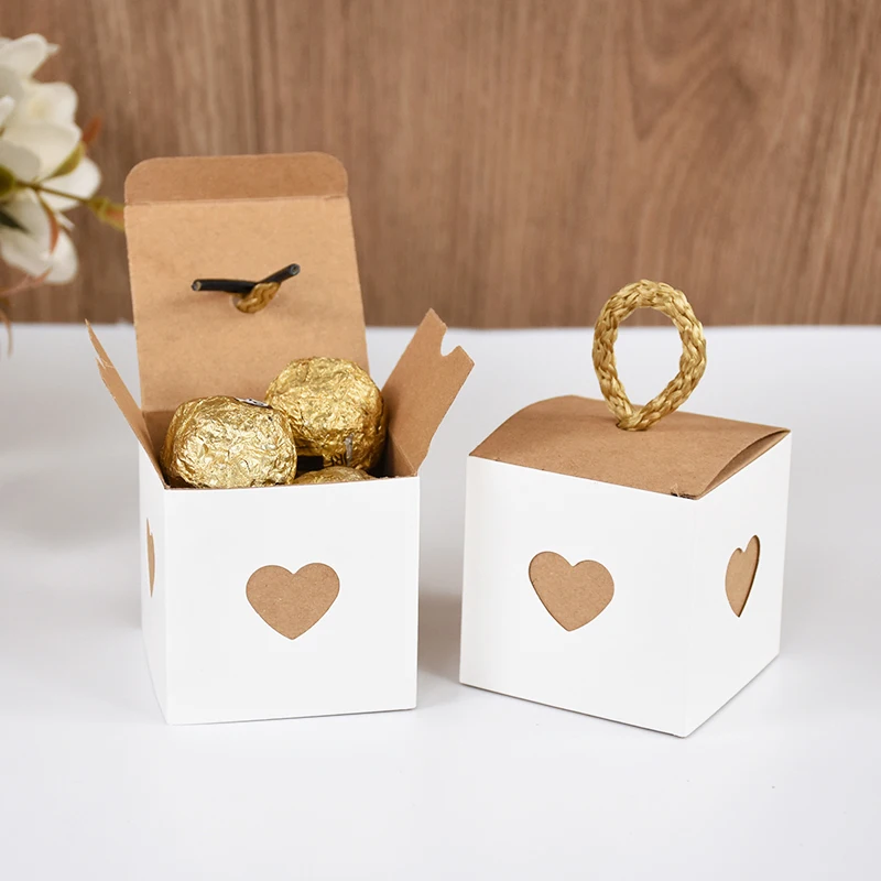 

Square Heart White Brown Kraft Paper Candy Boxes With Twine Handles Gifts Packaging Boxes Wedding Birthday Party Supplies Favor