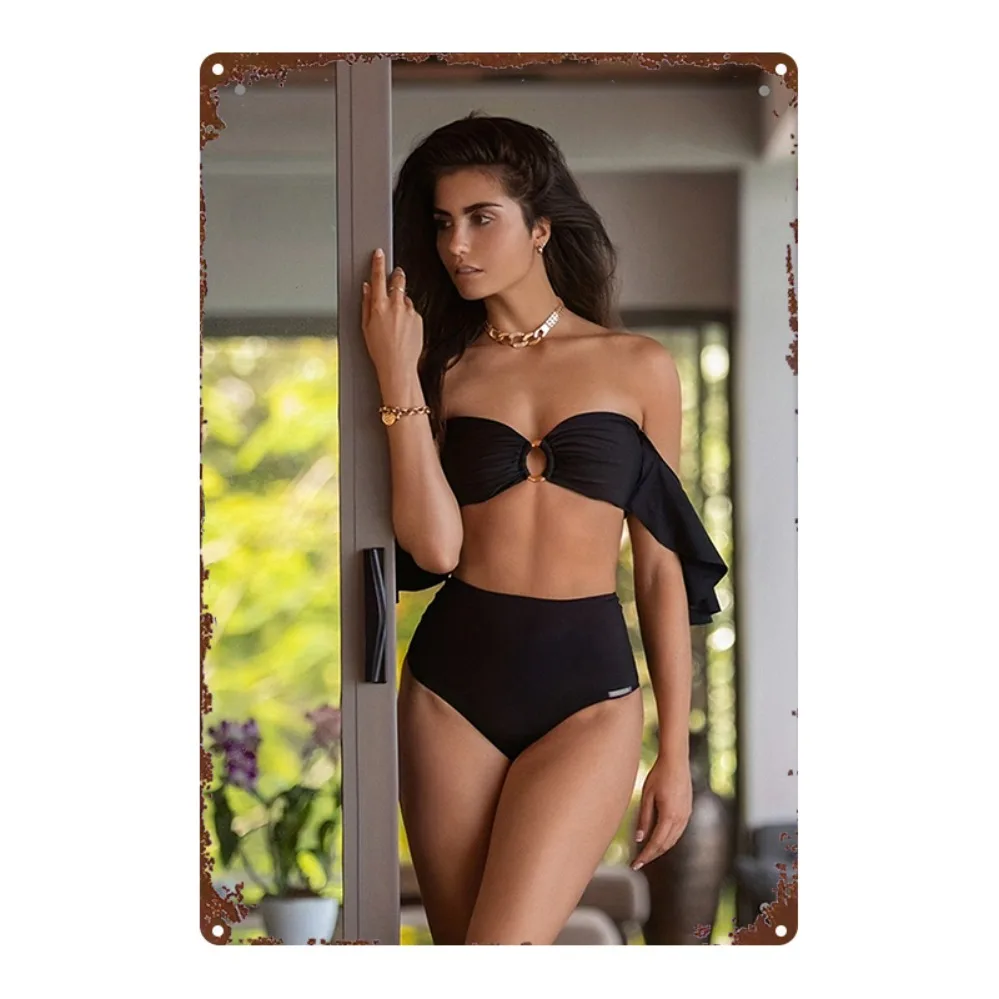 

2D Flat Metal Sign, 8x12 Inch Black Swimsuit Female Wall Art, Humorous Iron Decor for Living Room or Office.
