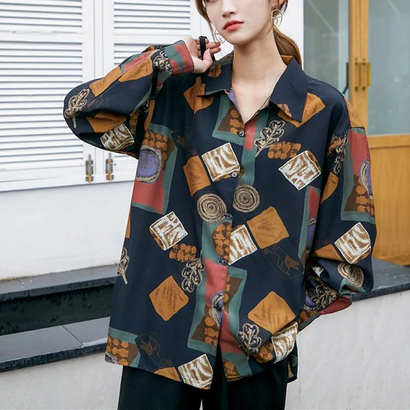 Vintage Hong Kong Breeze Loose Printing Blouse Women New Spring Autumn Classic Long Sleeve Polo Collar All-match Lady Shirt 2023