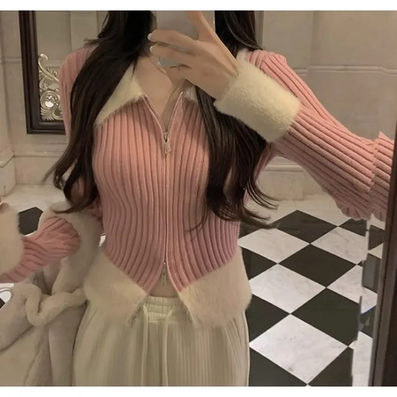 Faux Fur Knitted Sweater Women Design Slim Elegant Zipper Pullover Office Lady Casual Y2k Crop Tops Korean Fashion  Winter