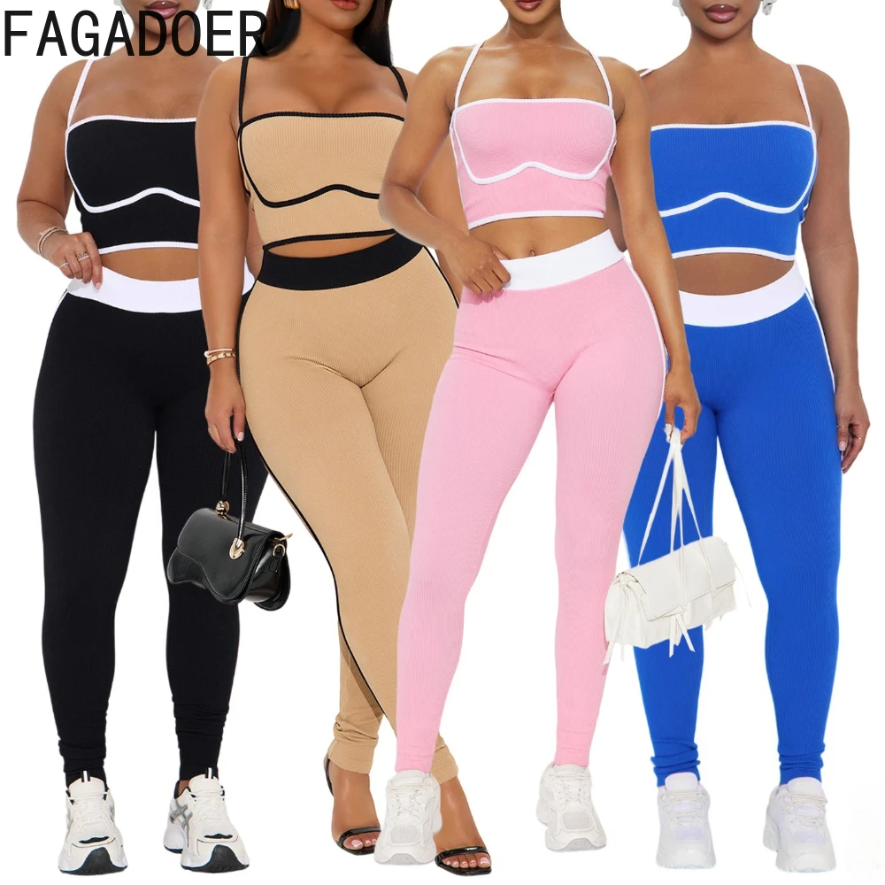 

FAGADOER Casual Ribber Color Block Sporty Two Piece Sets Women Spaghetti Strap Slim Tank Top And Skinny Pants Outfits Streetwear