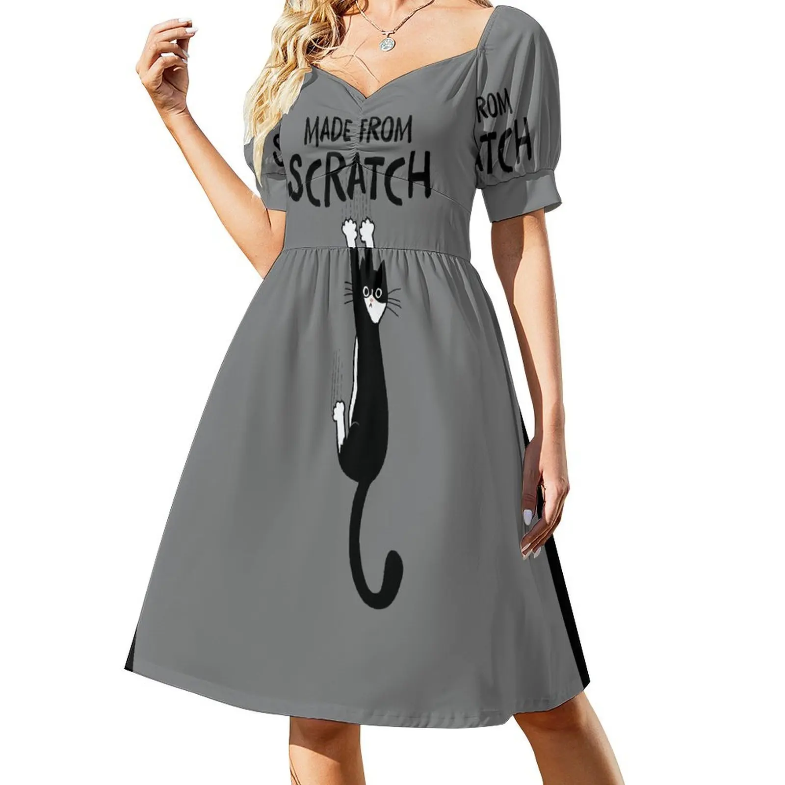 

Made From Scratch Tuxedo Cat Hanging On Funny Black and White Cat Short-Sleeved Dress womans clothing