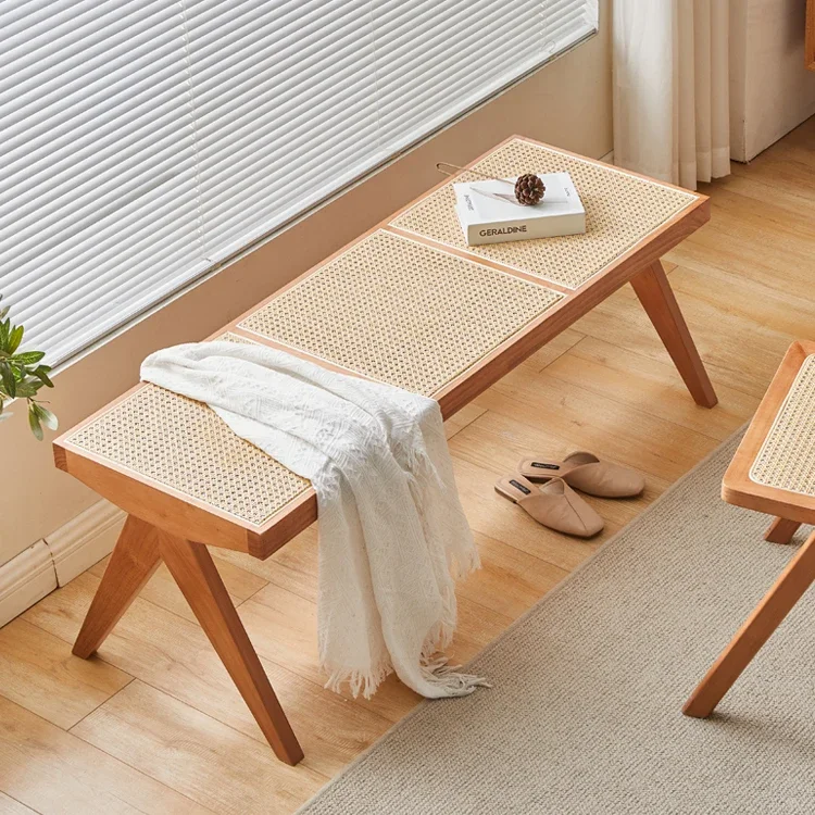 ZWabi-sabi Rattan Long Table Dining Stools Home Living Room Bed End Solid Wood Benches Clothing Store Shoe Stool Furniture TYLBZ