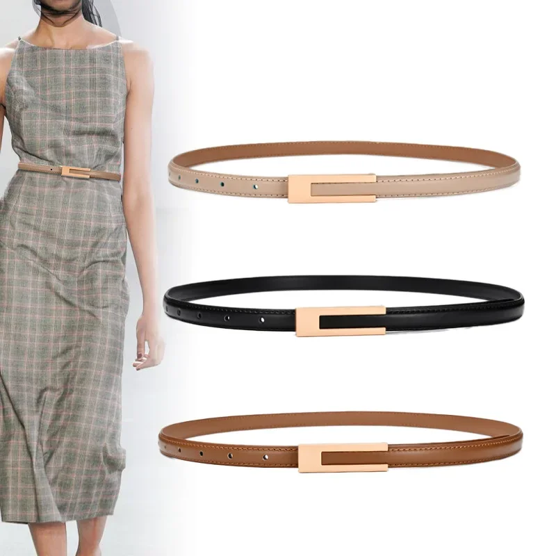 Ceinture en cuir véritable pour femme, peau de vache, métal fin, noir et blanc, ceinture de robe en jean, mode de luxe, structure dorée, environnement féminin, nouveau, 2023